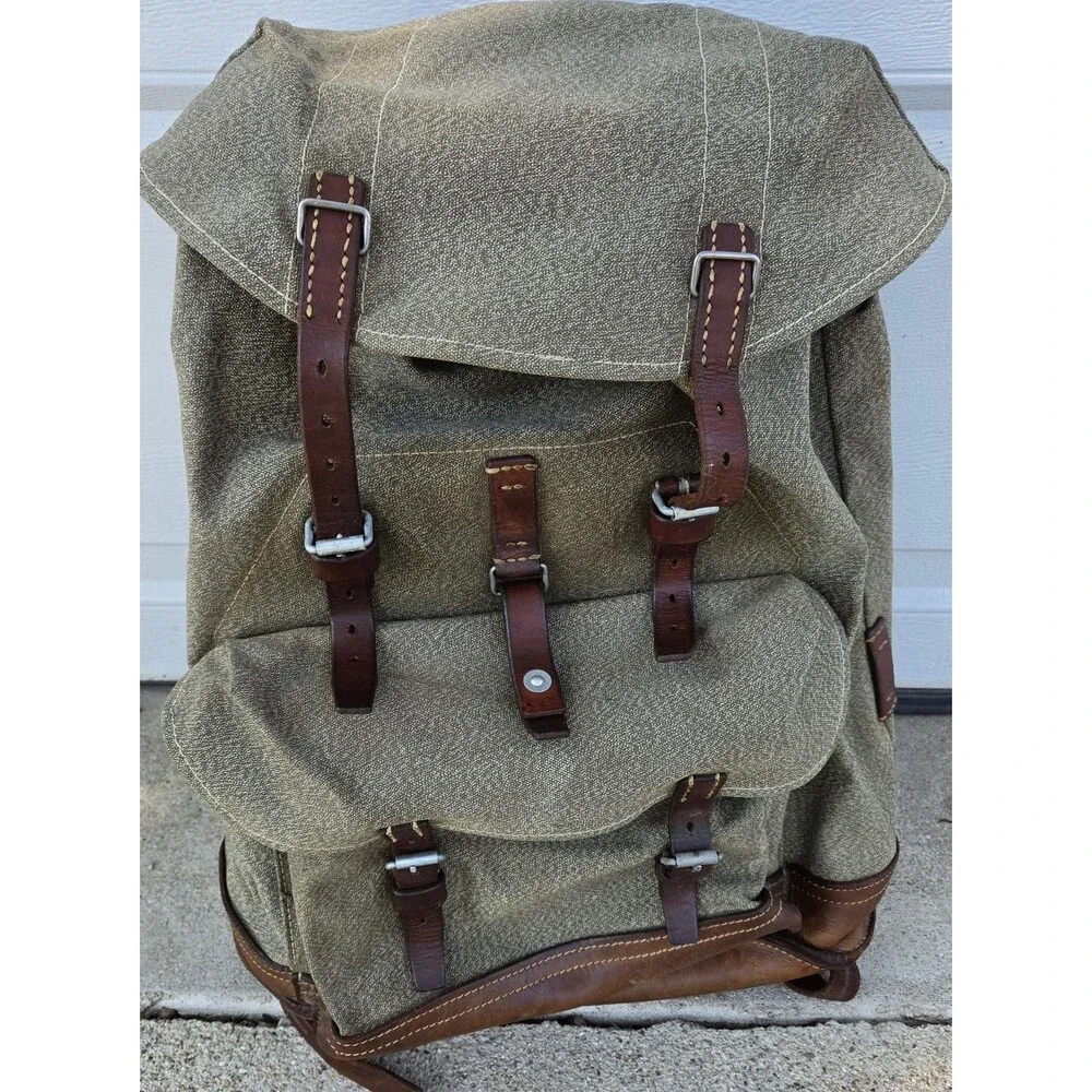 Vtg. Swiss Army Backpack Military Heavy Duty Canvas & Leather Rucksack 